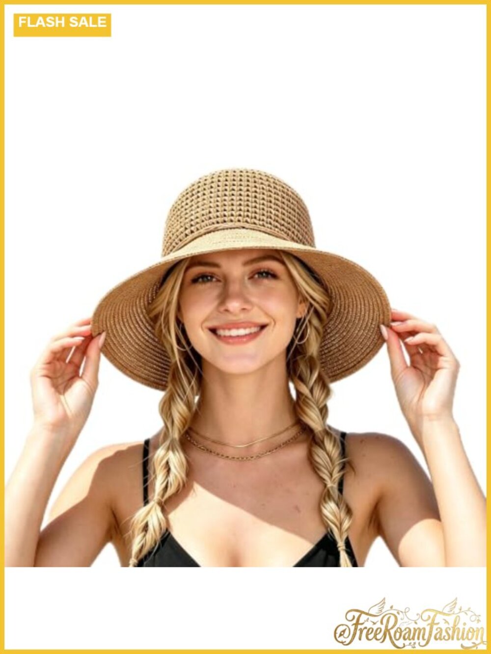 Packable Woven Straw Wide Brim Sun Hat Beach Travel Vacation Essential